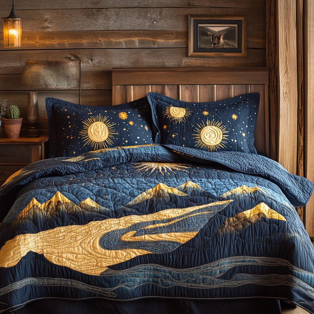 Lunar Peaks quilted 3-piece bedding set on a made bed with two matching pillow shams