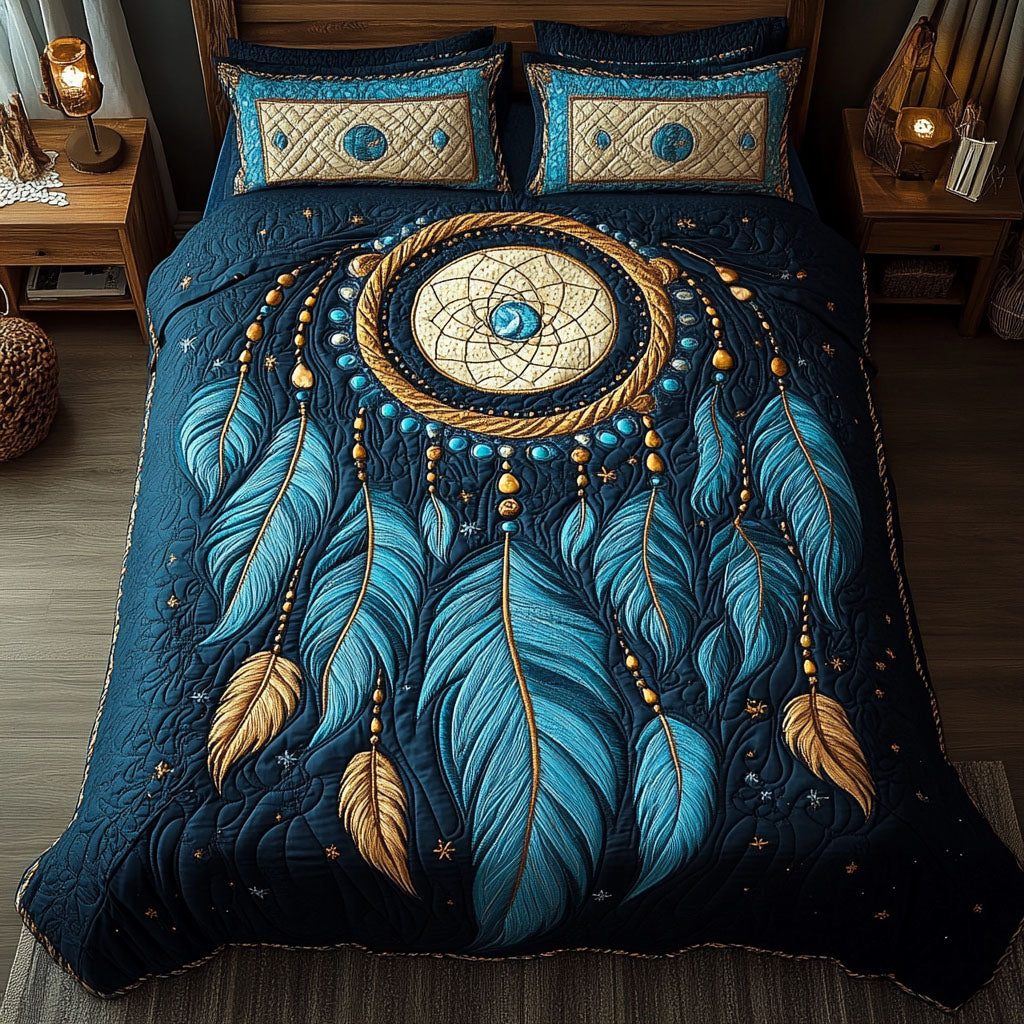 Lunar Serenity quilted 3-piece bedding set on a made bed with two matching pillow shams
