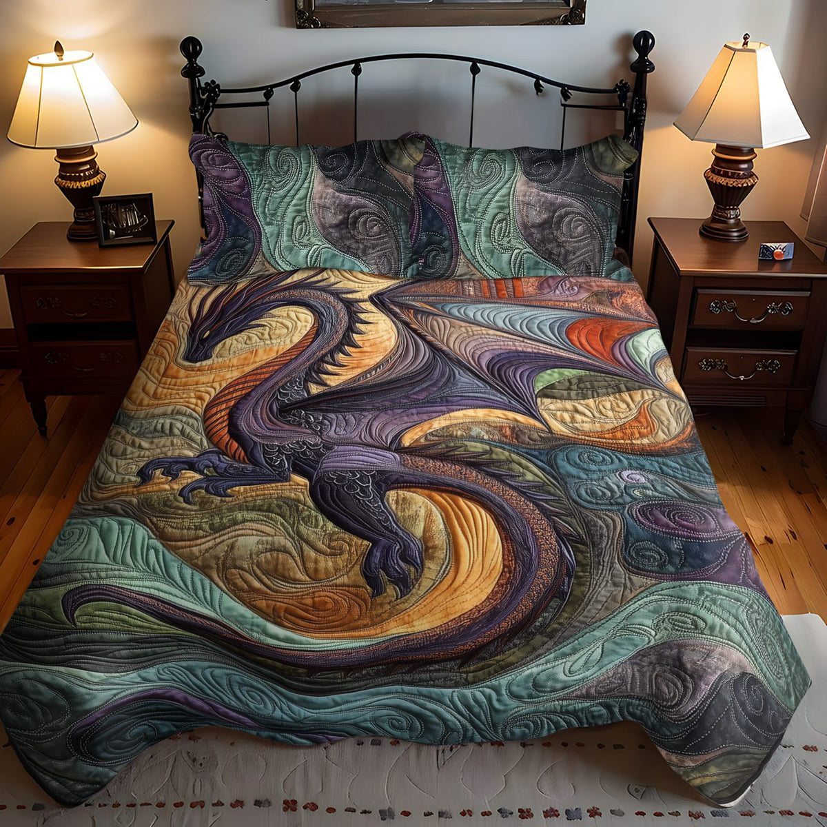 Lunar Serpent quilted 3-piece bedding set on a made bed with two matching pillow shams