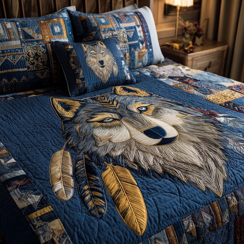 Lunar Totem Wolf quilted 3-piece bedding set on a made bed with two matching pillow shams