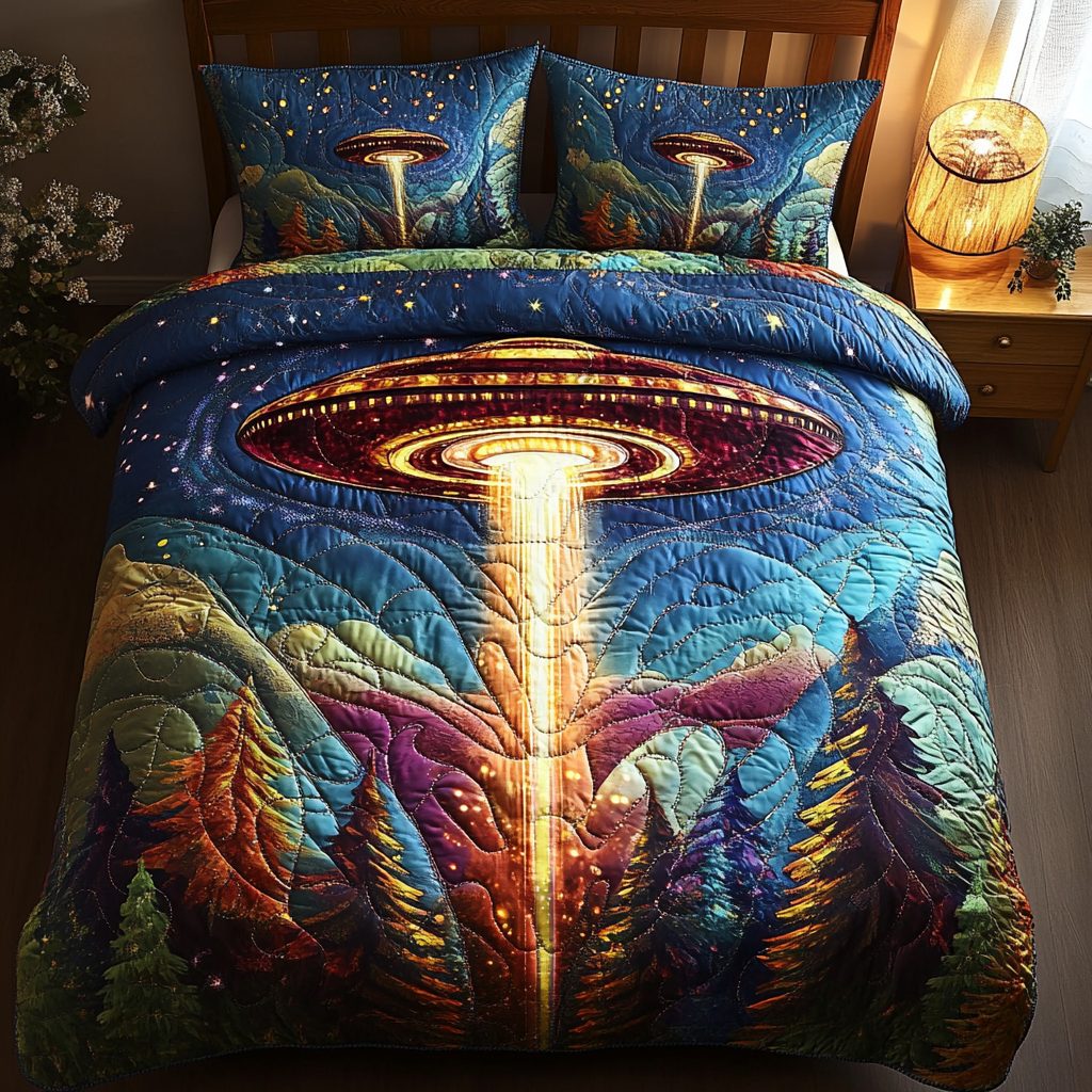 Lunar Visitors quilted 3-piece bedding set on a made bed with two matching pillow shams
