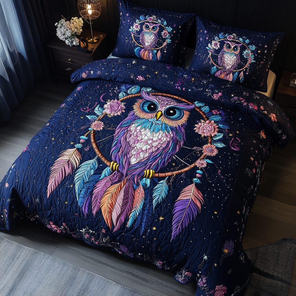 Lunar Wisdom quilted 3-piece bedding set on a made bed with two matching pillow shams