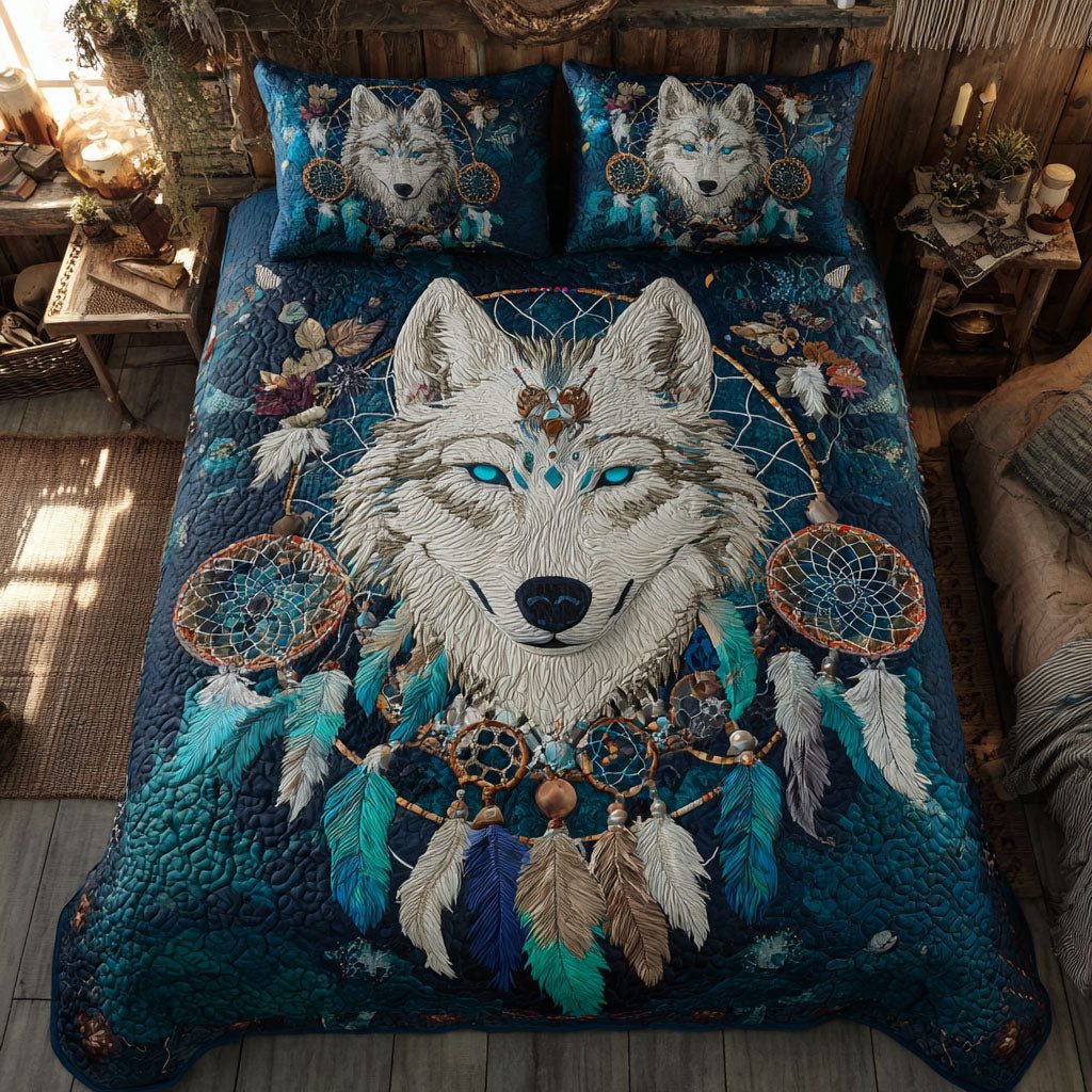 Lunar Wolf Awakening quilted 3-piece bedding set on a made bed with two matching pillow shams