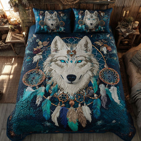 Lunar Wolf Awakening quilted 3-piece bedding set on a made bed with two matching pillow shams