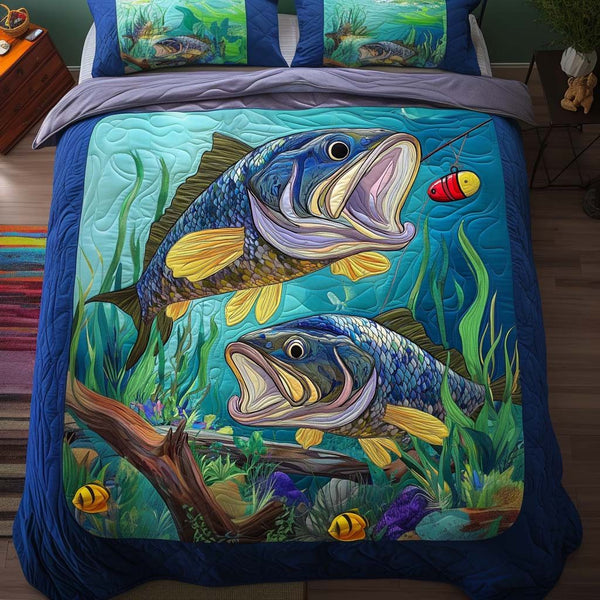 Lure of the Deep quilted 3-piece bedding set on a made bed with two matching pillow shams