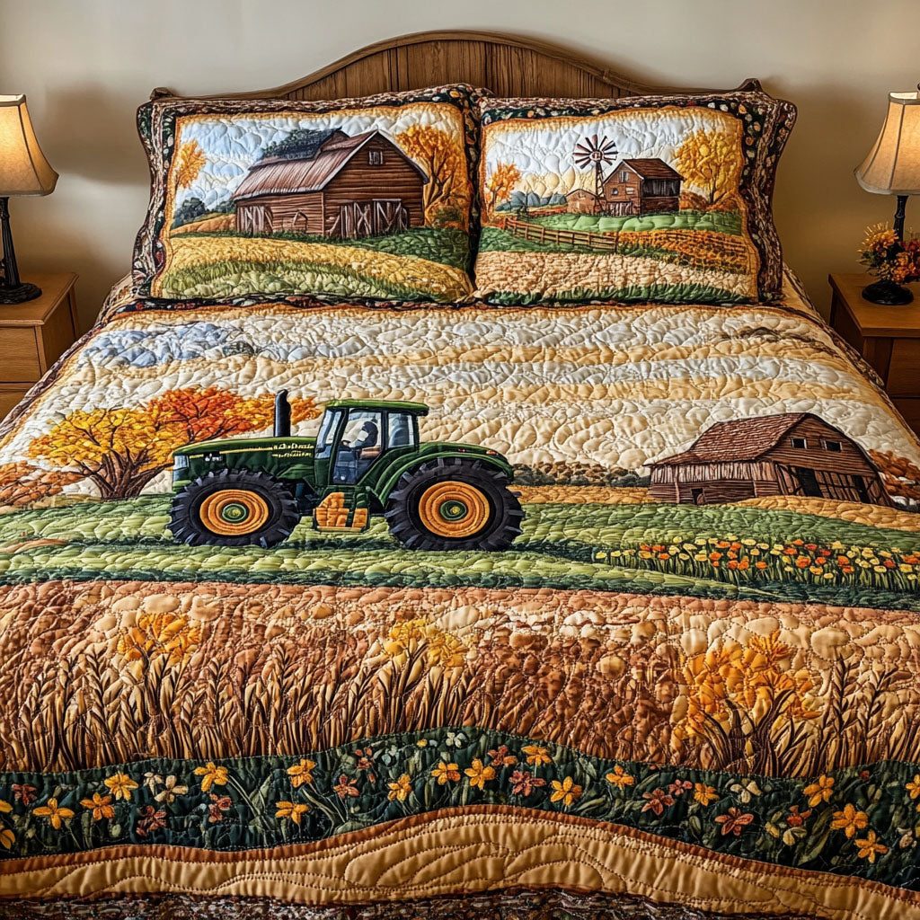 Lush Autumn Landscape quilted 3-piece bedding set on a made bed with two matching pillow shams