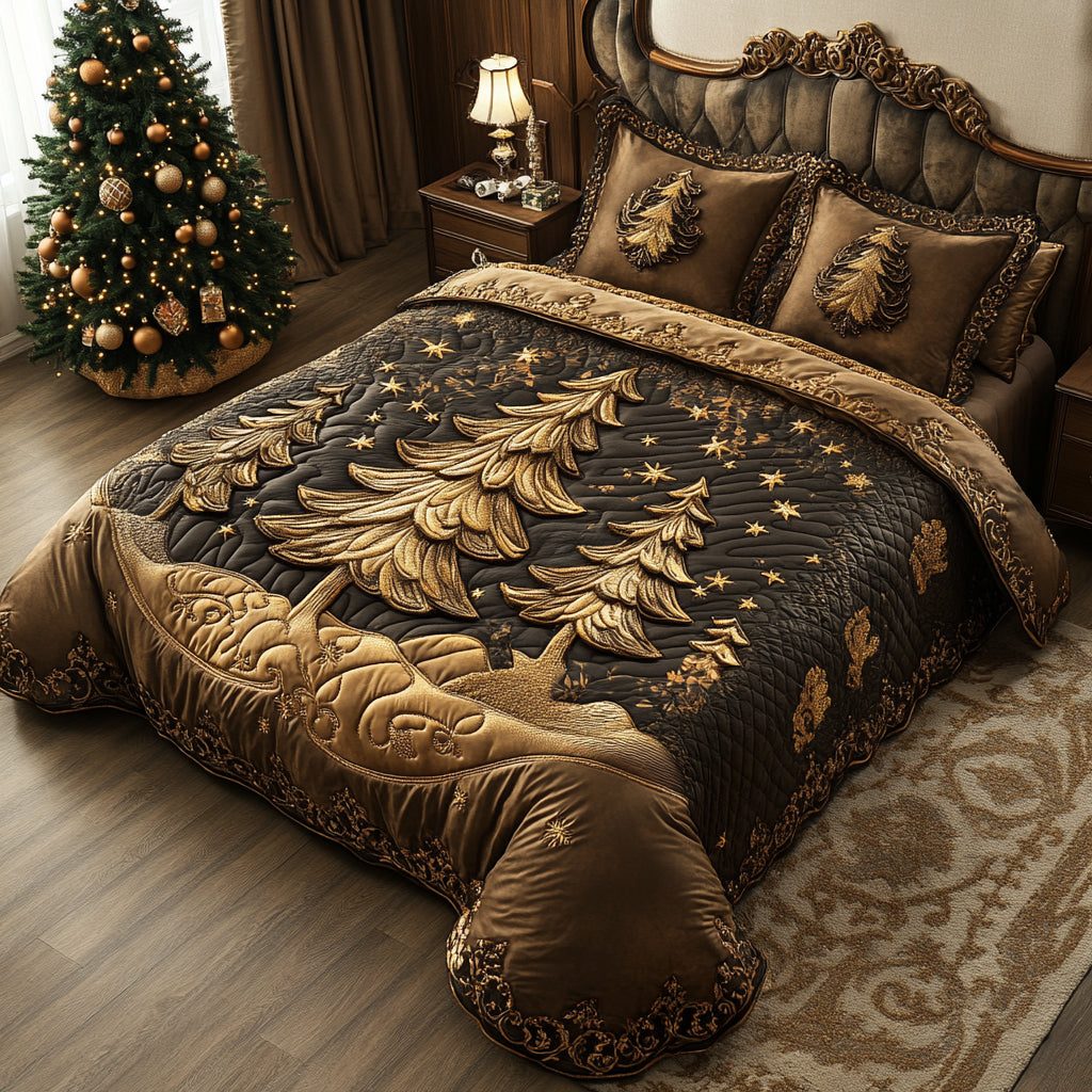 Luxe Holiday quilted 3-piece bedding set on a made bed in a winter-styled bedroom