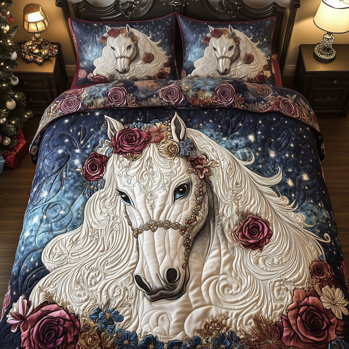 Luxurious Dreamy Horse quilted 3-piece bedding set on a made bed in a rustic timber bedroom