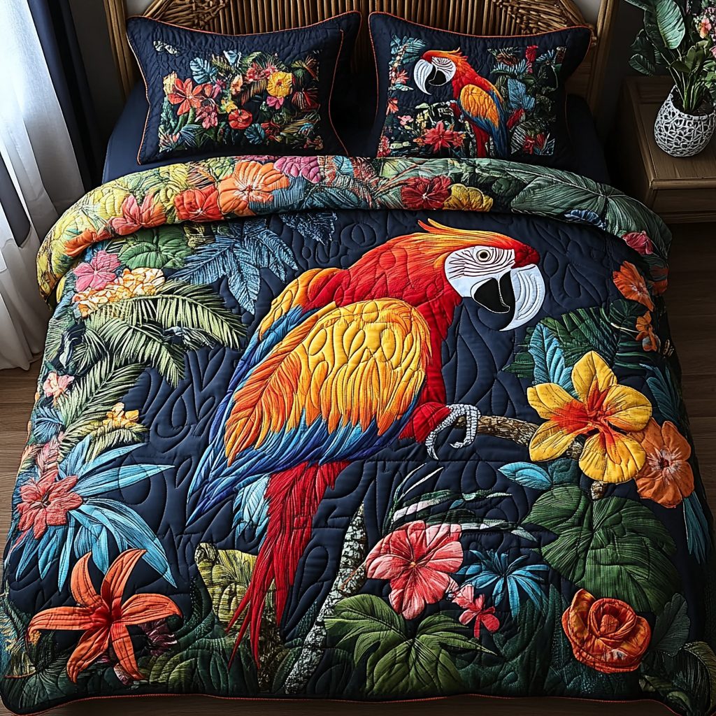 Macaw Magic quilted 3-piece bedding set on a made bed with two matching pillow shams
