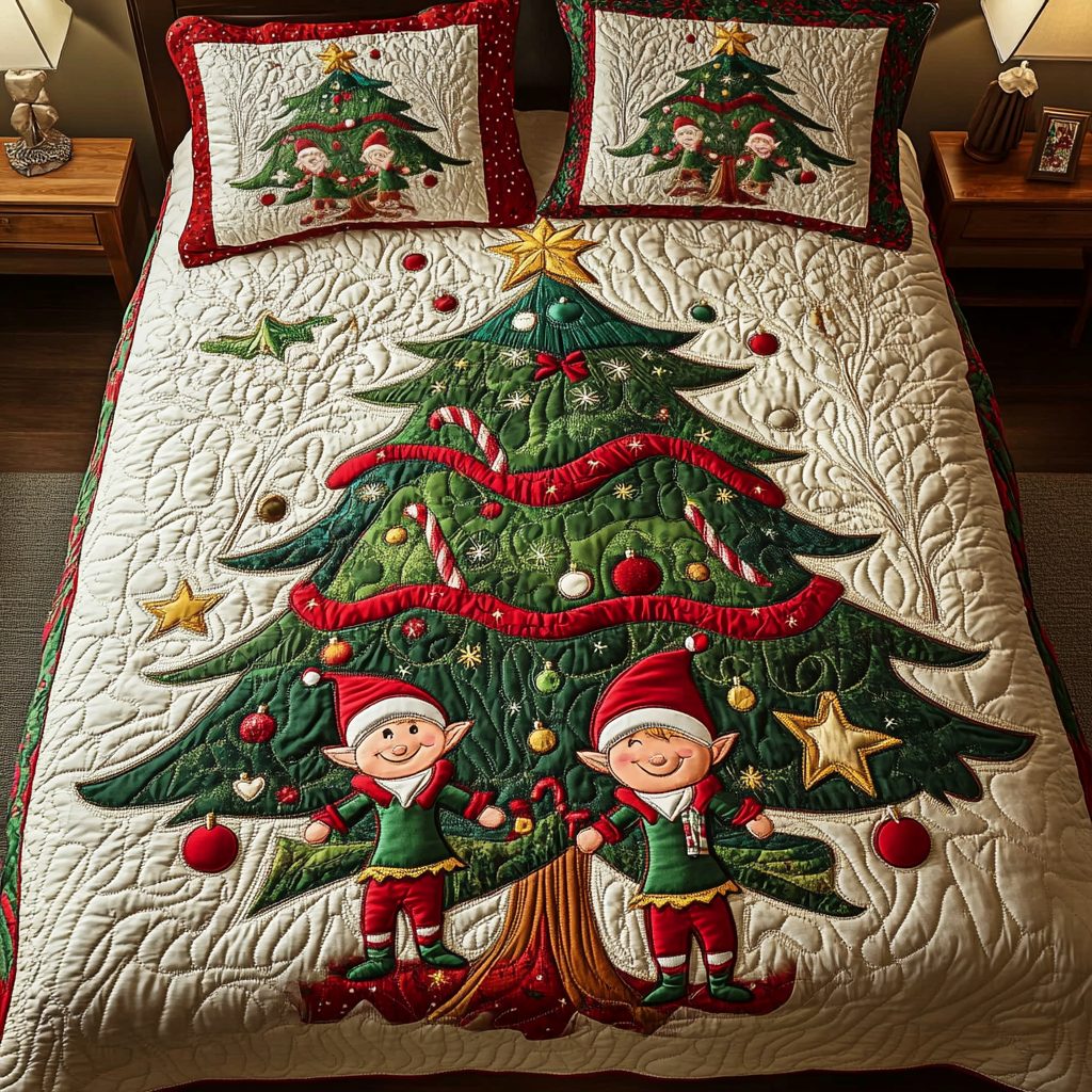 Magic Elf quilted 3-piece bedding set on a made bed in a winter-styled bedroom