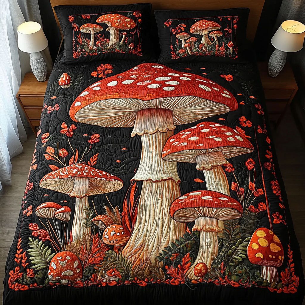 Magic Mushroom Night quilted 3-piece bedding set on a made bed with two matching pillow shams