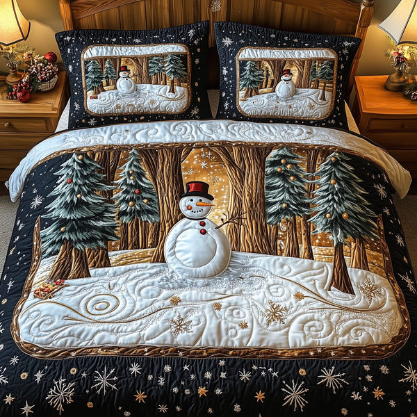 Magic of Christmas quilted 3-piece bedding set on a made bed in a winter-styled bedroom