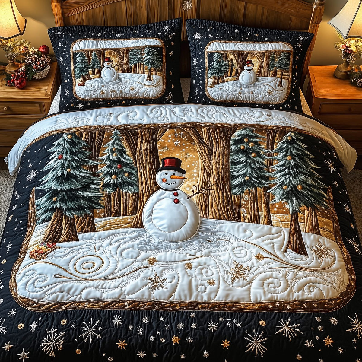 Magic of Christmas quilted 3-piece bedding set on a made bed in a winter-styled bedroom