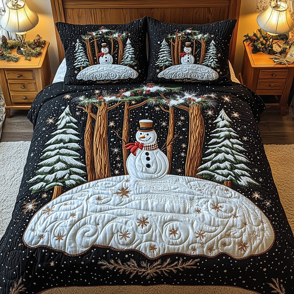 Magic of Christmas quilted 3-piece bedding set on a made bed in a winter-styled bedroom