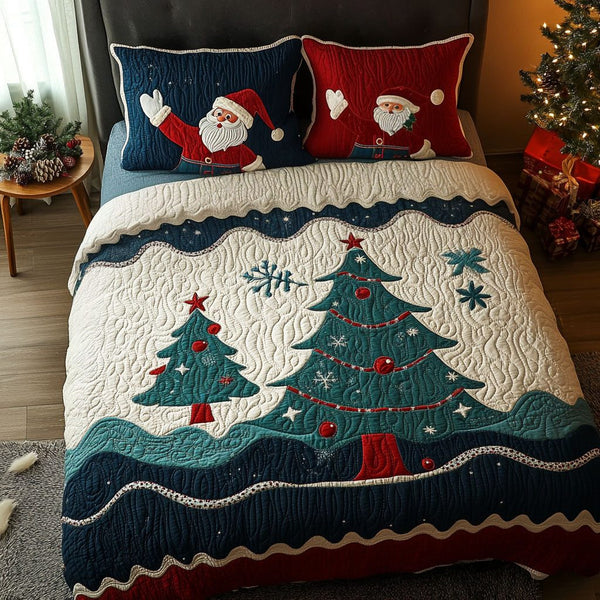 Magic Under the Pines quilted 3-piece bedding set on a made bed with two matching pillow shams