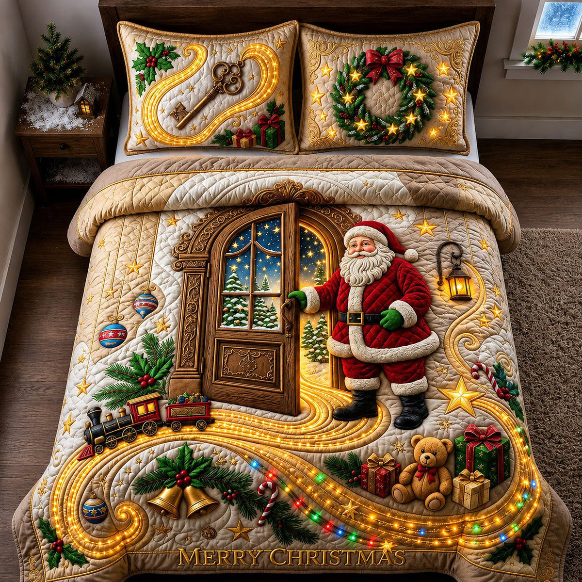 Magical Christmas Door quilted 3-piece bedding set on a made bed in a winter-styled bedroom