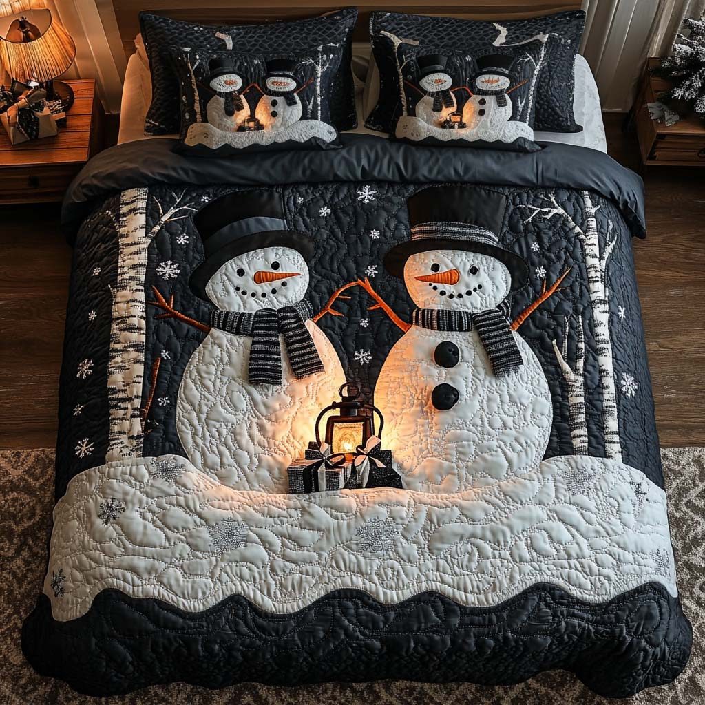 Magical Christmas Eve quilted 3-piece bedding set on a made bed in a winter-styled bedroom