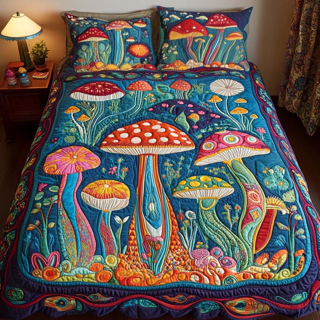 Magical Meadow quilted 3-piece bedding set on a made bed with two matching pillow shams
