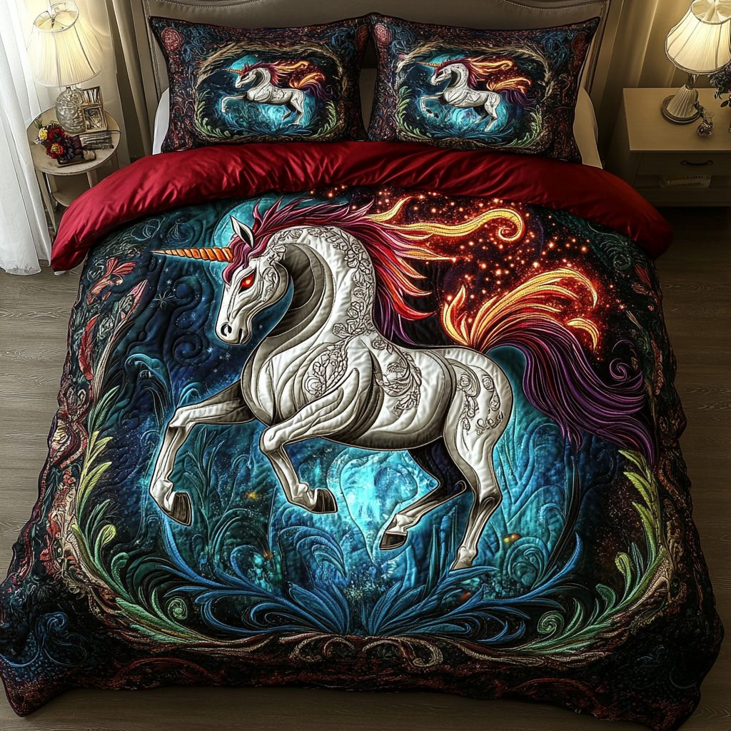 Magical Unicorn quilted 3-piece bedding set on a made bed with two matching pillow shams