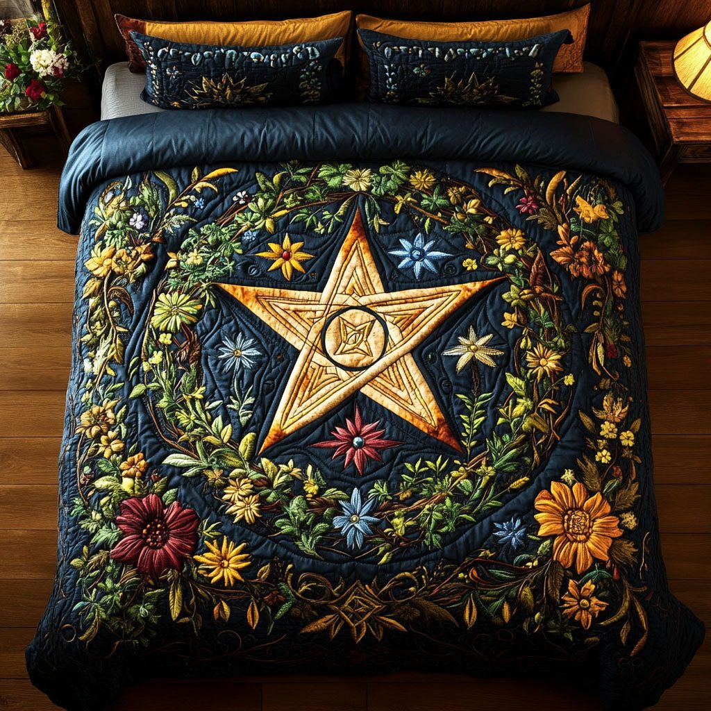 Magickal Bloom quilted 3-piece bedding set on a made bed with two matching pillow shams