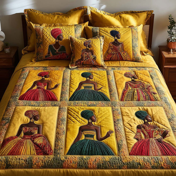Magnificent Melanin quilted 3-piece bedding set on a made bed with two matching pillow shams