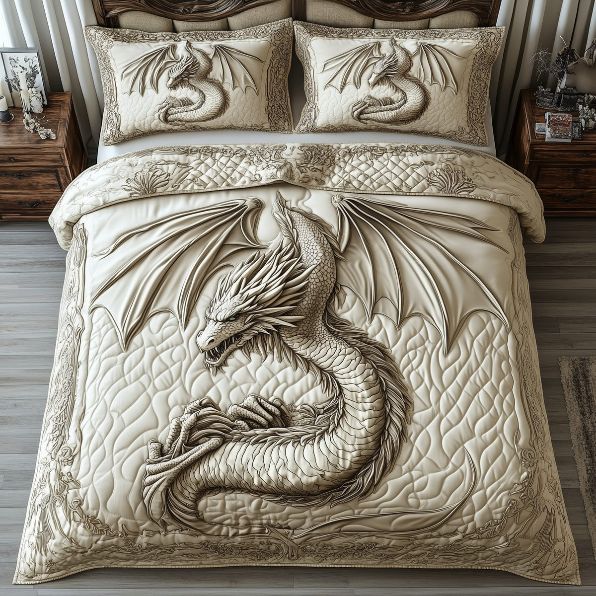 Magnificent White Dragon quilted 3-piece bedding set on a made bed with two matching pillow shams