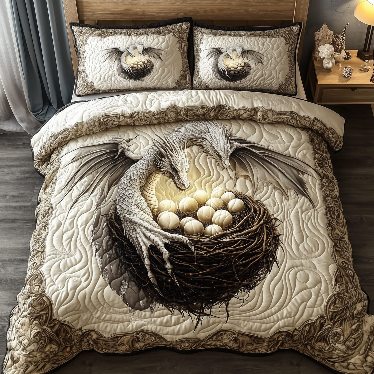 Magnificent White Dragon quilted 3-piece bedding set on a made bed with two matching pillow shams
