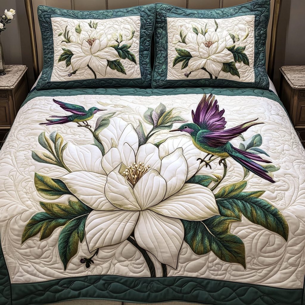 Magnolia Bliss quilted 3-piece bedding set on a made bed with two matching pillow shams