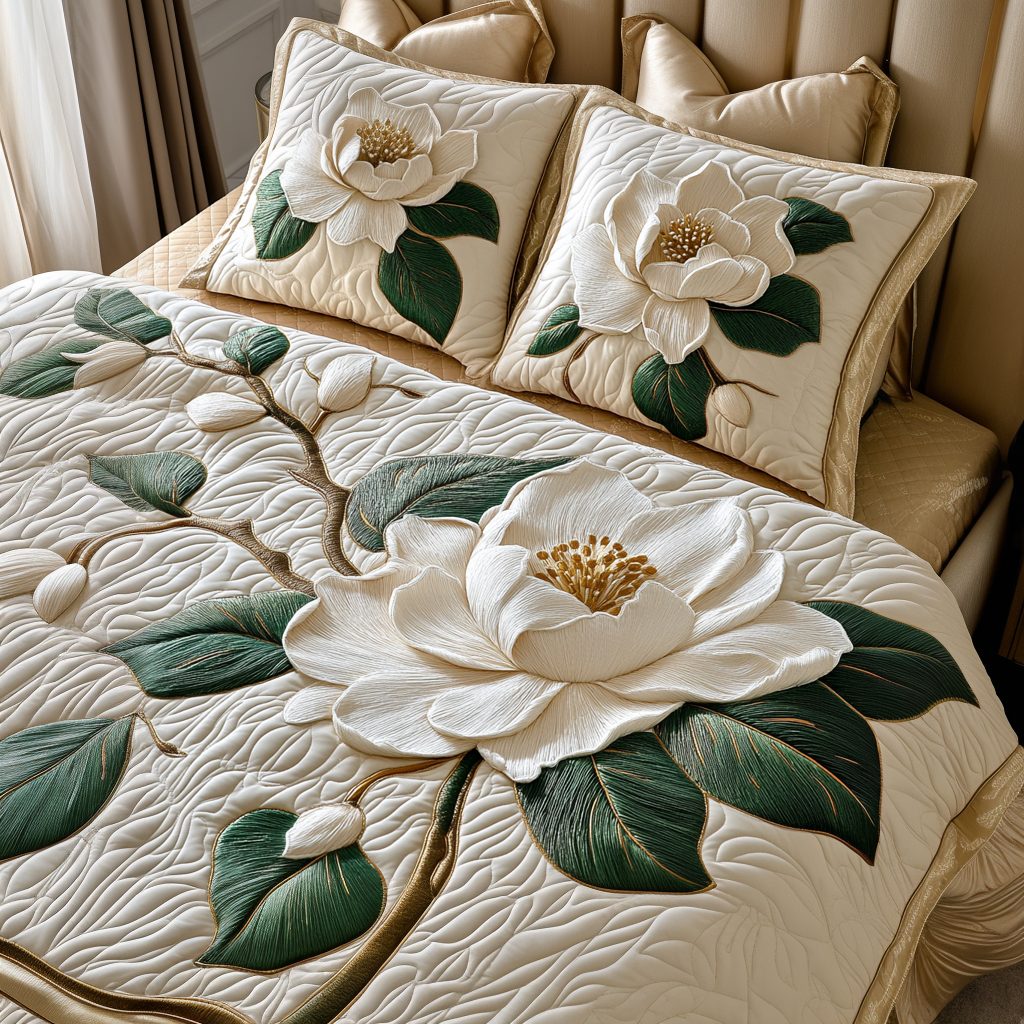 Magnolia Harmony quilted 3-piece bedding set on a made bed with two matching pillow shams
