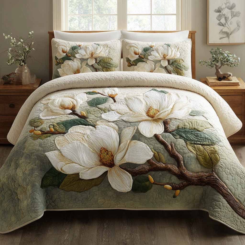 Magnolia Haven quilted 3-piece bedding set on a made bed with two matching pillow shams