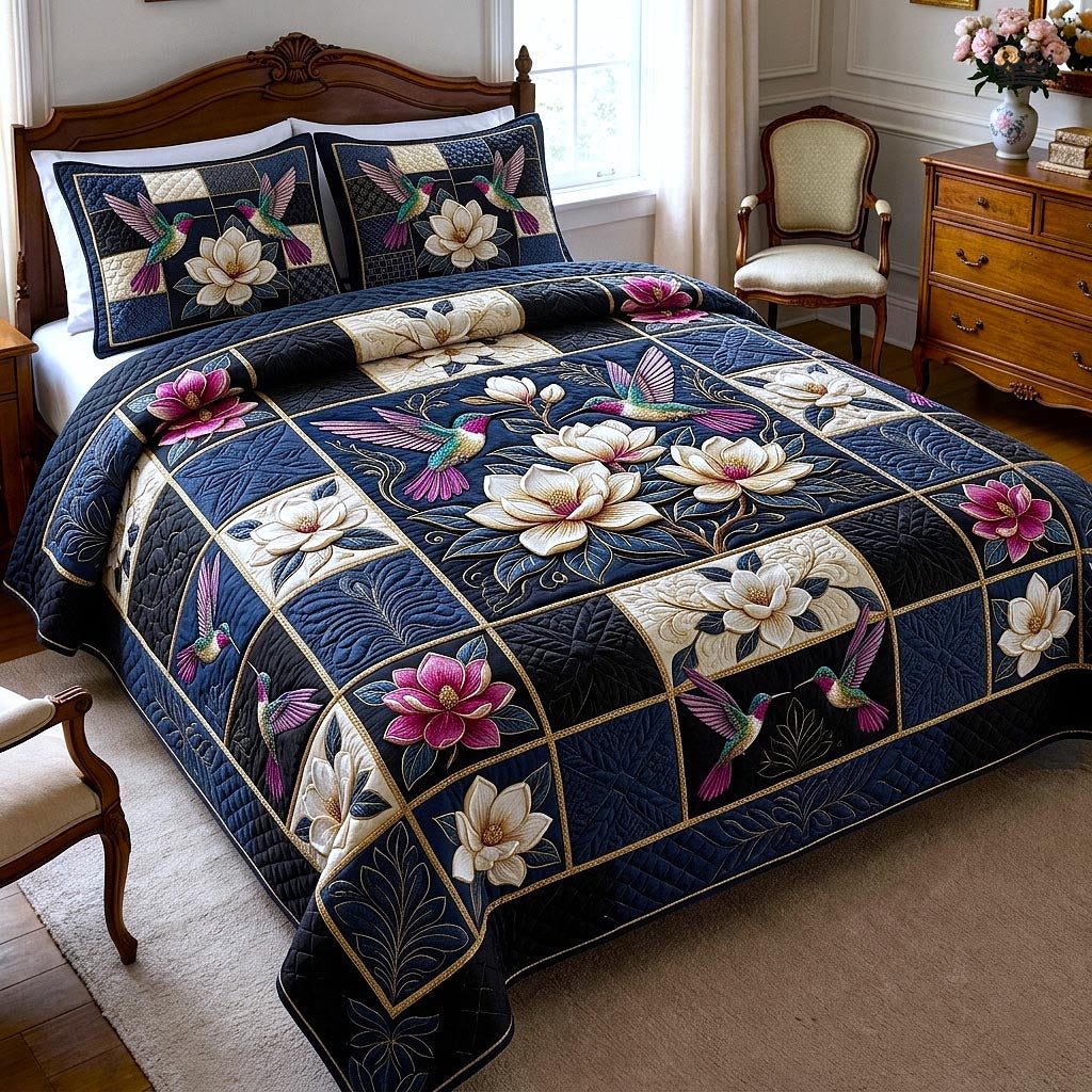 Magnolia Patchwork quilted 3-piece bedding set on a made bed in a farmhouse bedroom