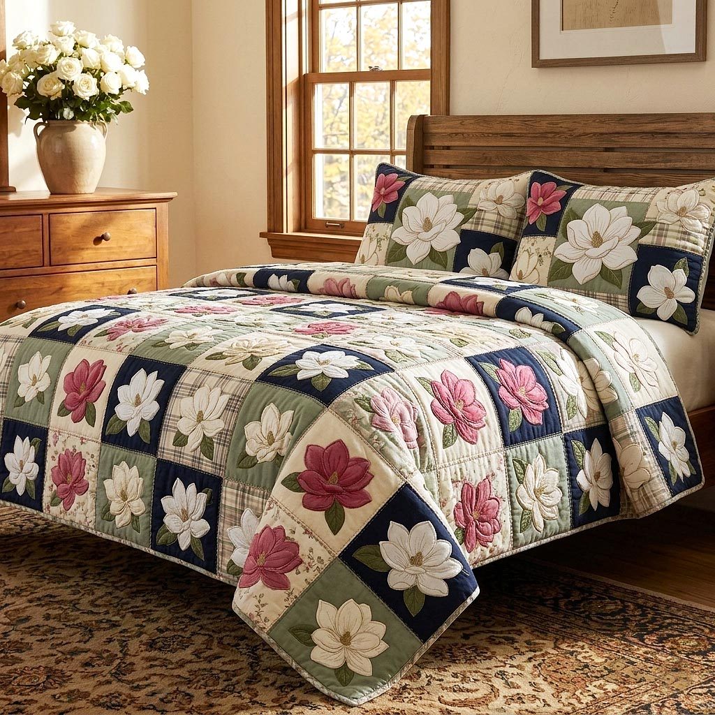 Magnolia Patchwork quilted 3-piece bedding set on a made bed in a farmhouse bedroom