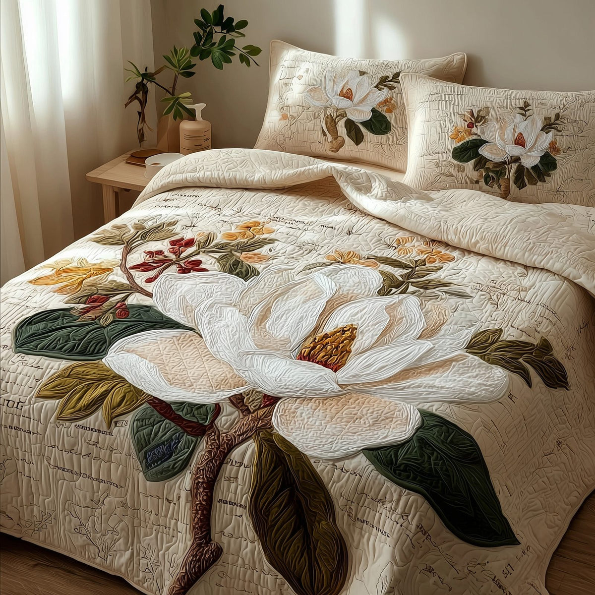 Magnolia quilted 3-piece bedding set on a made bed with two matching pillow shams