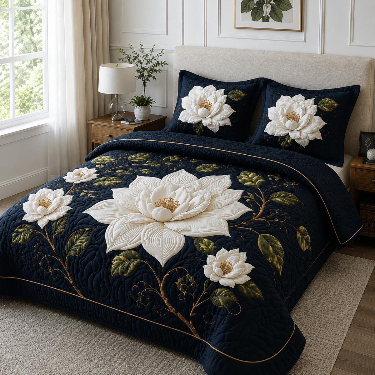 Magnolia Serenity quilted 3-piece bedding set on a made bed with two matching pillow shams