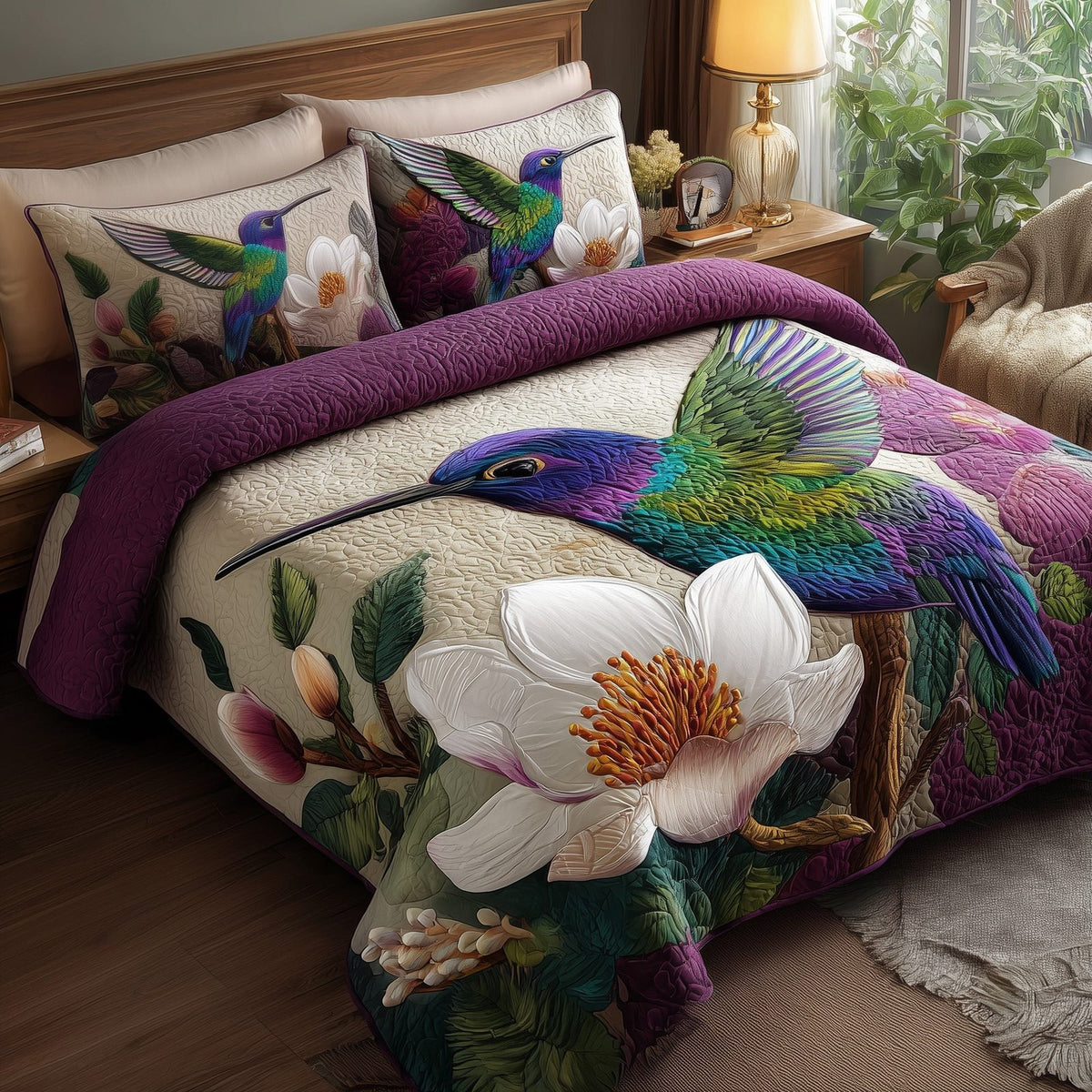 Magnolia Whispers quilted 3-piece bedding set on a made bed with two matching pillow shams