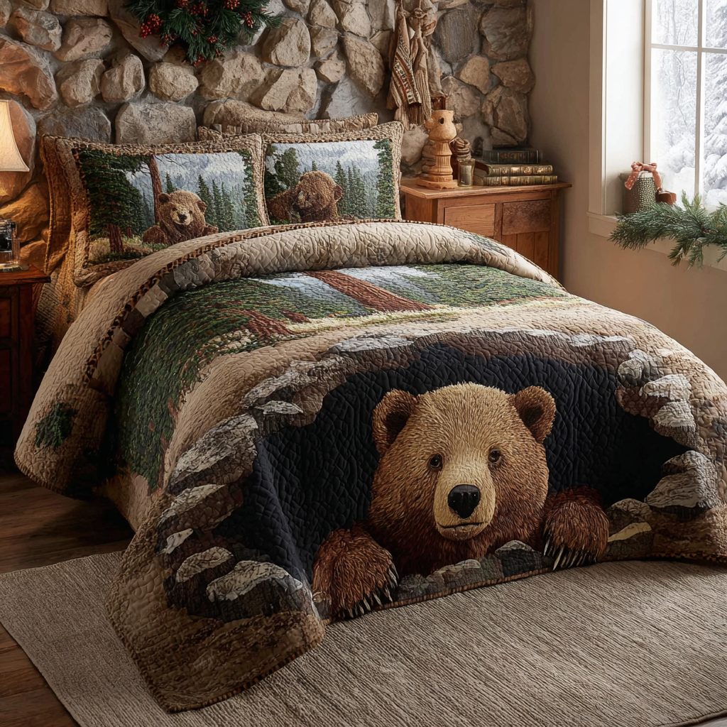Majestic Bear quilted 3-piece bedding set on a made bed with two matching pillow shams