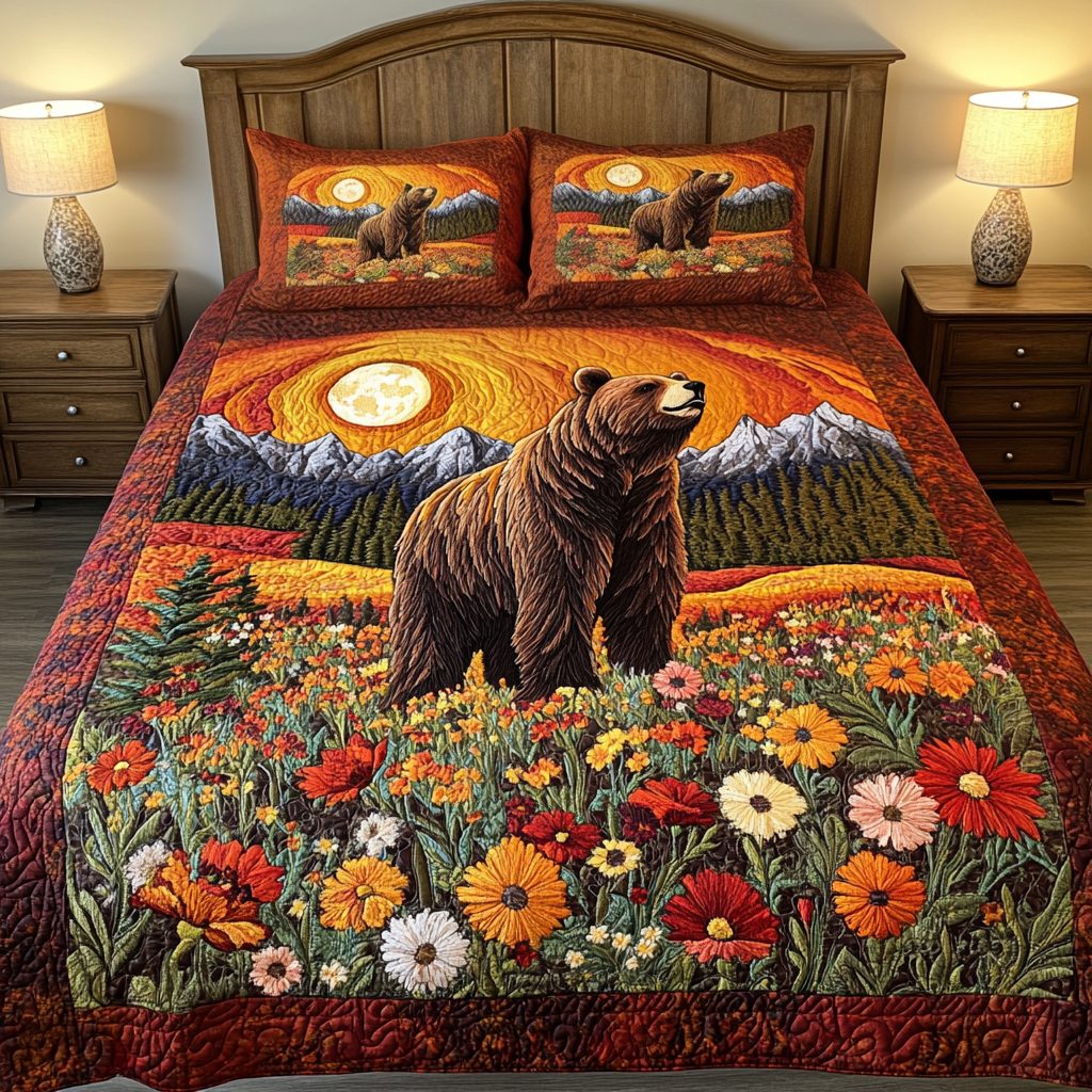 Majestic Bear quilted 3-piece bedding set on a made bed with two matching pillow shams