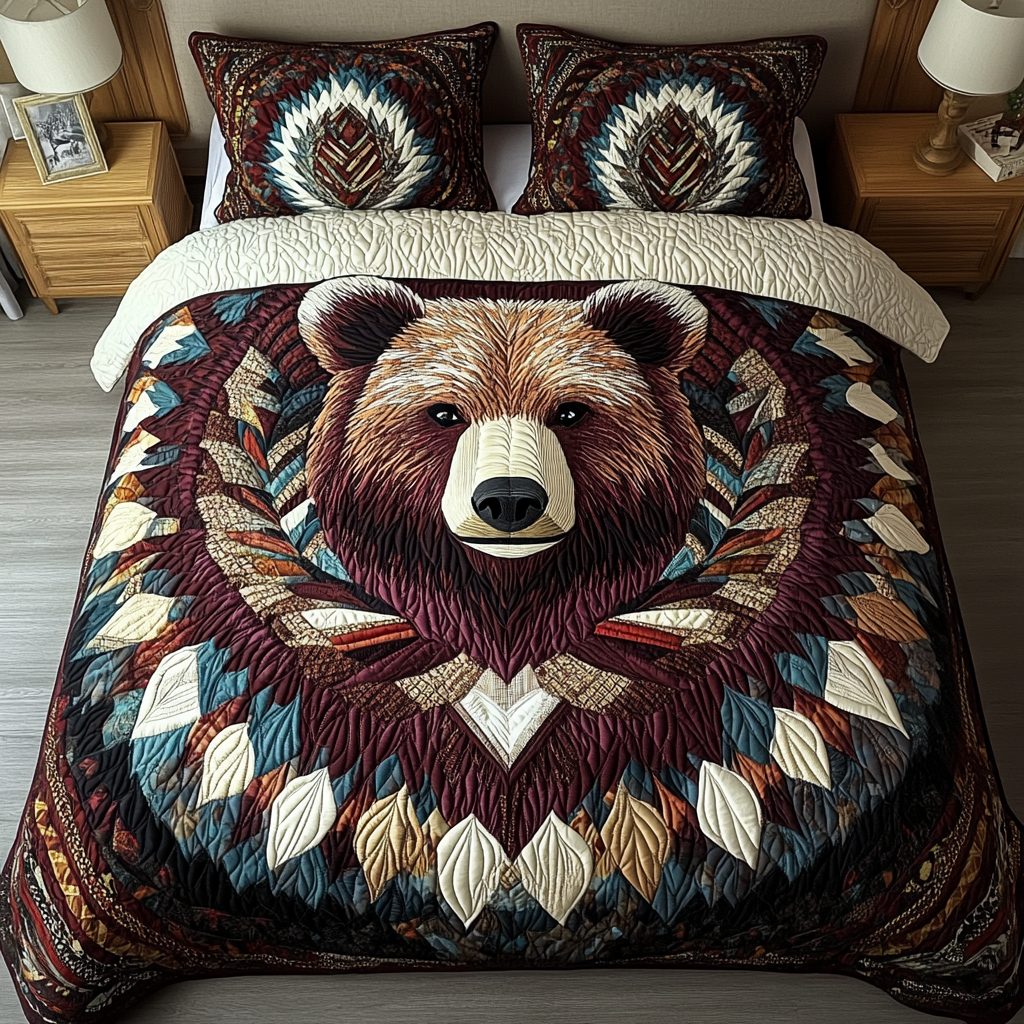 Majestic Bear quilted 3-piece bedding set on a made bed with two matching pillow shams