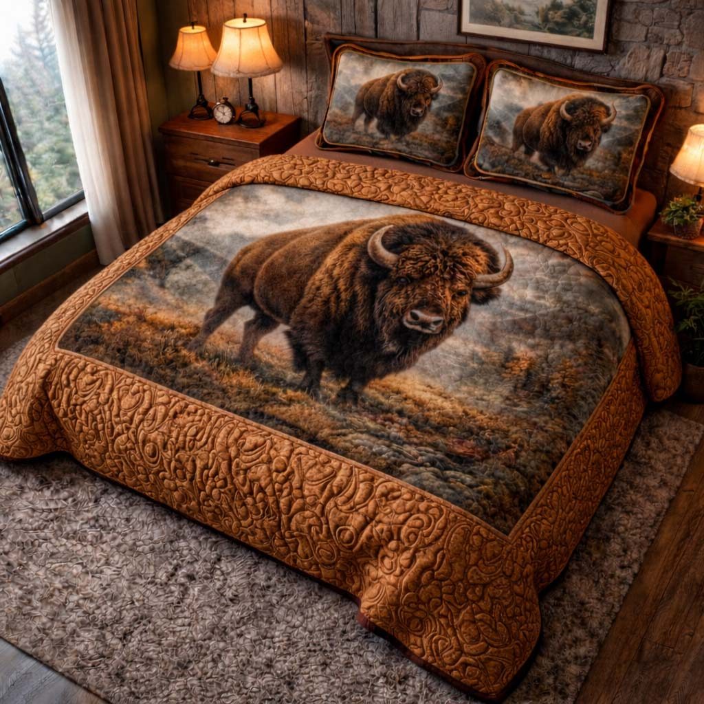 Majestic Bison quilted 3-piece bedding set on a made bed in a rustic timber bedroom