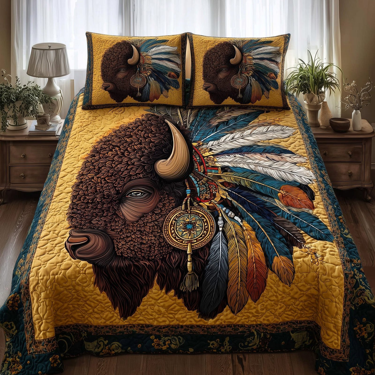 Majestic Bison quilted 3-piece bedding set on a made bed in a rustic timber bedroom