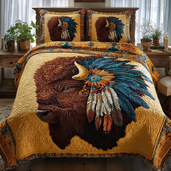 Majestic Bison quilted 3-piece bedding set on a made bed in a rustic timber bedroom