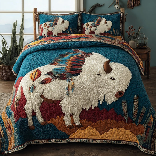 Majestic Bison quilted 3-piece bedding set on a made bed in a rustic timber bedroom