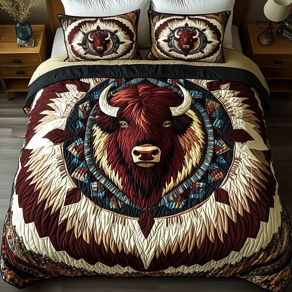 Majestic Bison quilted 3-piece bedding set on a made bed in a rustic timber bedroom