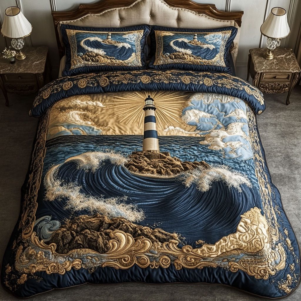 Majestic Blue Lighthouse quilted 3-piece bedding set on a made bed in a light coastal bedroom