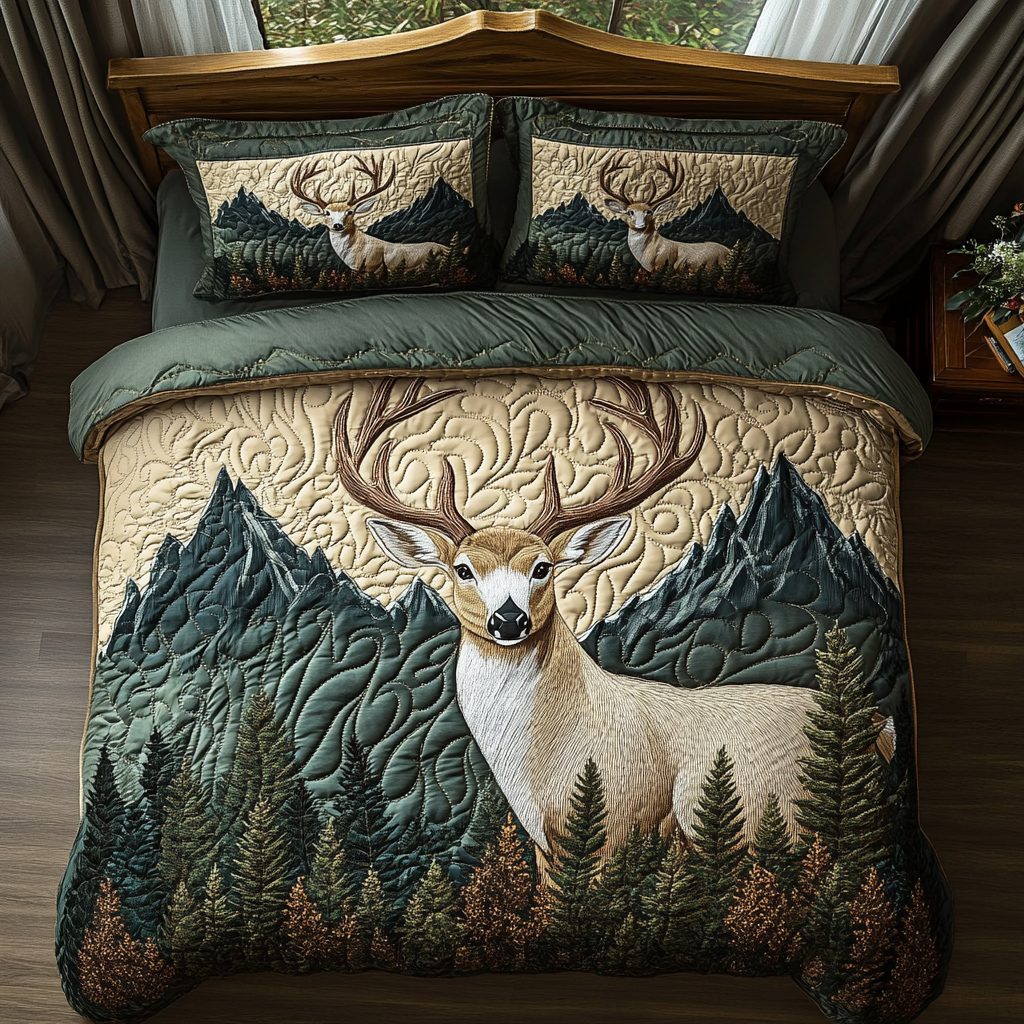 Majestic Buck quilted 3-piece bedding set on a made bed with two matching pillow shams