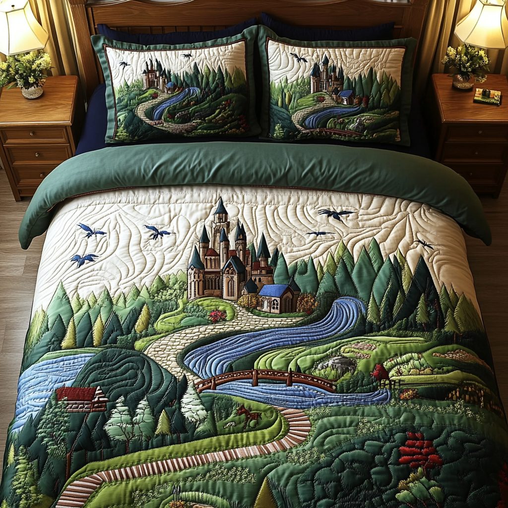 Majestic Castle quilted 3-piece bedding set on a made bed with two matching pillow shams