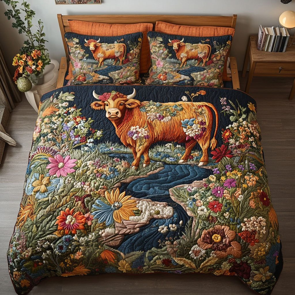 Majestic Cow Meadows quilted 3-piece bedding set on a made bed with two matching pillow shams
