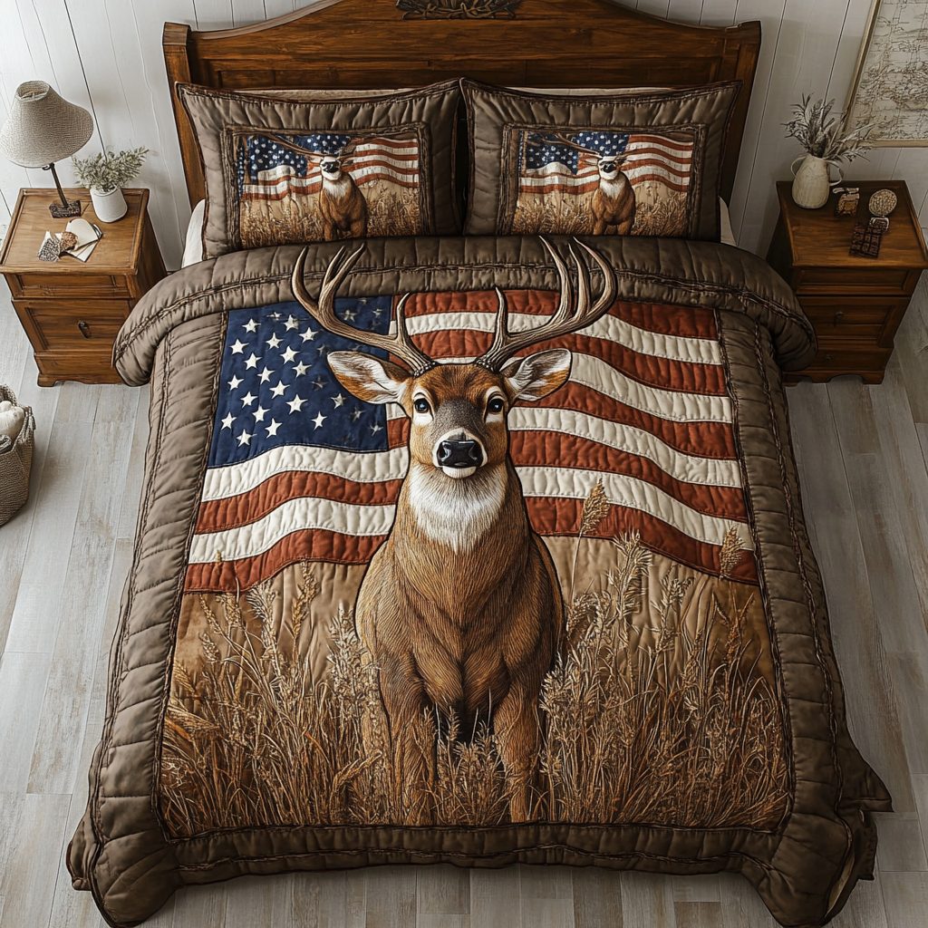 Majestic Deer quilted 3-piece bedding set on a made bed with two matching pillow shams