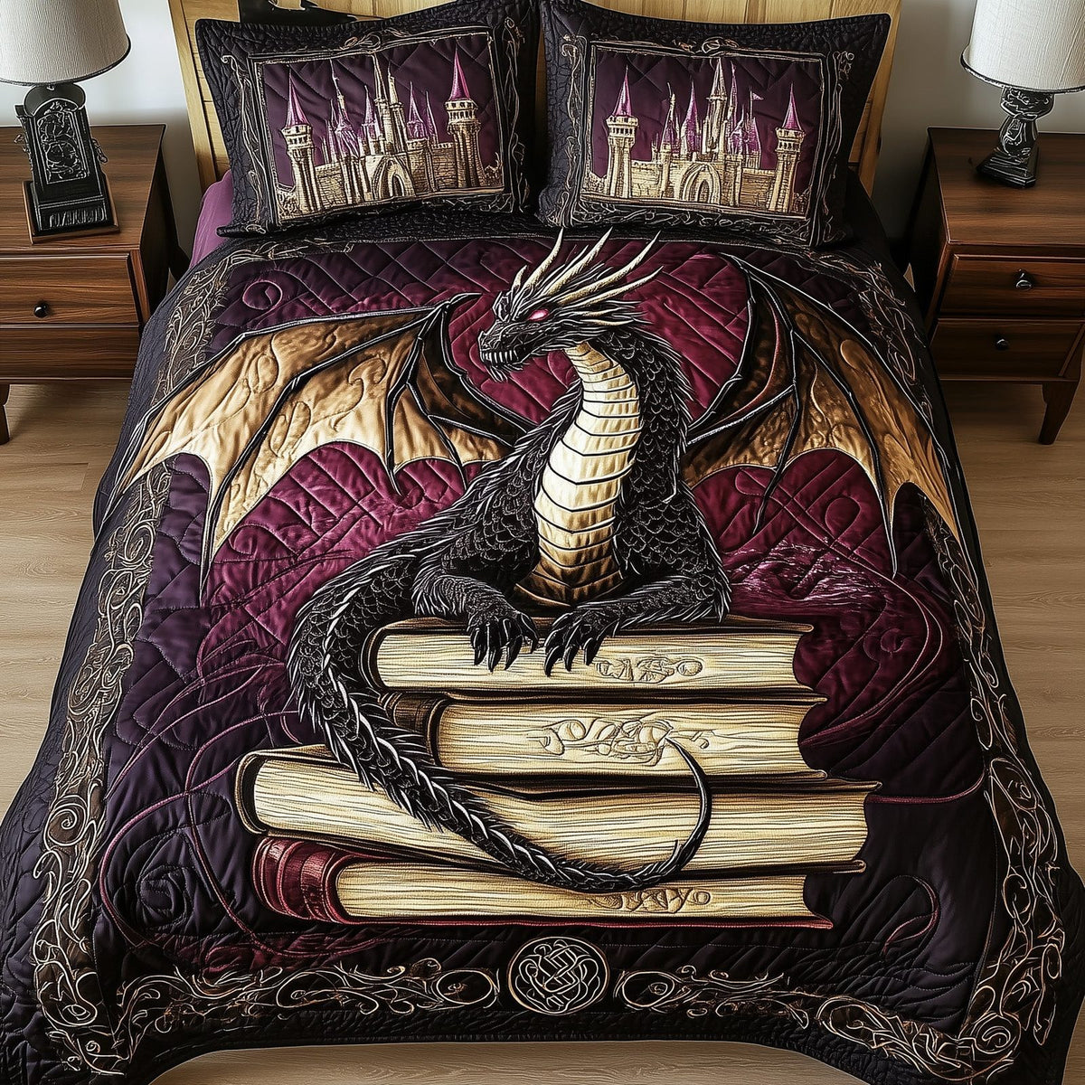 Majestic Dragon quilted 3-piece bedding set on a made bed with two matching pillow shams