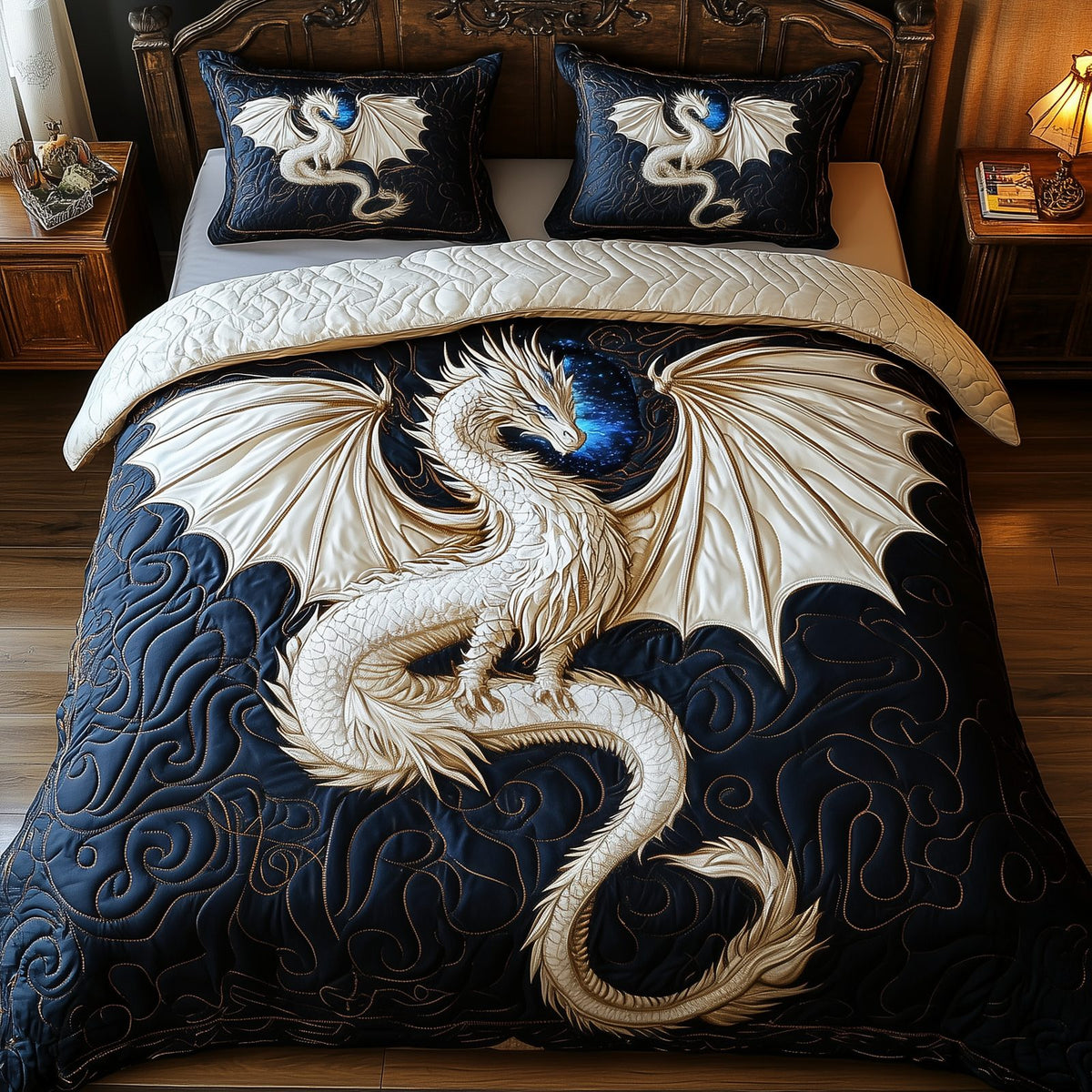 Majestic Dragon quilted 3-piece bedding set on a made bed with two matching pillow shams